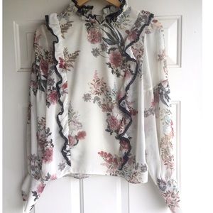 Zara Sheer Floral Victorian Ruffled Blouse